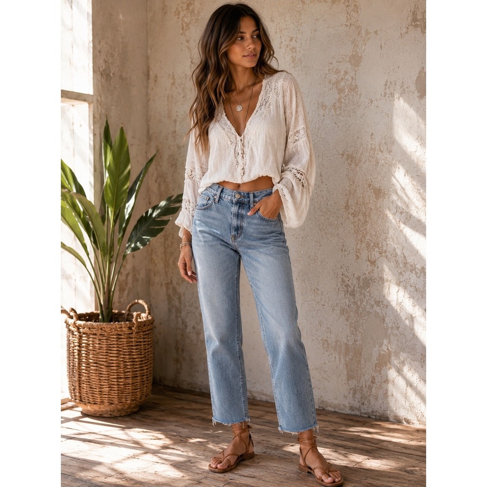 Zara Womens High Rise Straight Leg Jeans Light Wash Button Fly Raw Hem Size 2